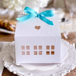 Karentology- 20 Pcs House Shaped Gift Boxes with Ribbons House Boxes for Treats, Treat Boxes for Dessert, Fancy Cookie Boxes for Gift Giving, White Gable Box, Gift Bag Bakery Boxes Party Favors