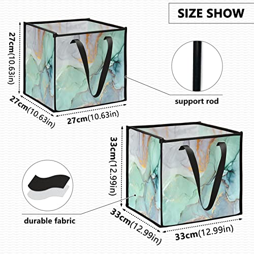 Blueangle Green Marble Texture Cube Storage Bin with Handles, 13 x 13 x 13 in, Large Collapsible Organizer Storage Basket for Home Décor（492）