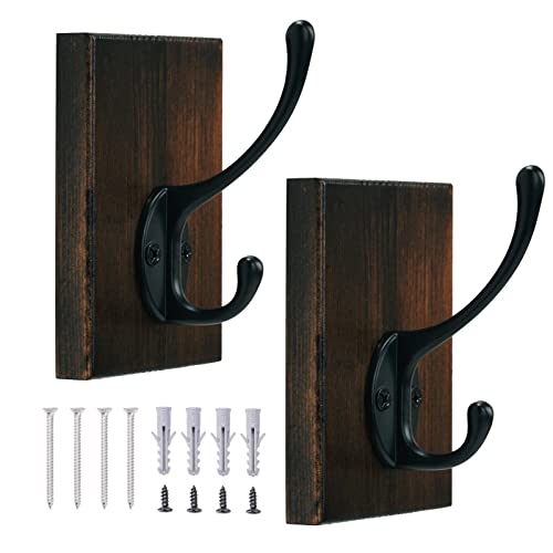 OLBET Rustic Farmhouse Towel Hook for Bathroom Wall Mounted - Rustic Wall Hooks for Hanging Coats - 2 Pack - Retro Iron Wood Hooks - Classical Heavy Duty Hangers for Your House - Weathered Brown