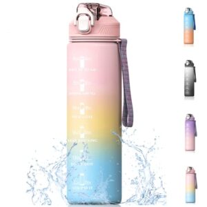 Bugucat Water Bottle 32OZ, Tritan Drinks Bottle with Straw and Time Markings, Jug Leak Proof,Sport Water Storage Container for Teenager Adult, Water Bottle for Gym School Cycling Fitness Outdoor