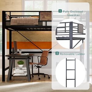 MUTICOR Twin Size Loft Bed Frame with Fully Enclosed Guardrail, Removable Ladders, Saving Space, No Springs, No Noise, No Shaking, Black