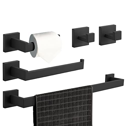 BATHLAVISH Matte Black Bathroom Accessories Set Hardware 5-Piece Towel Bar Holder Sets Hand Towel Rack Holder and 2 Towel Hooks, Stainless Steel Wall Mounted