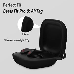 Geiomoo Silicone Case Compatible with Air Tag and Beats Fit Pro, 2 in 1 Protective Cover with Carabiner (Black)