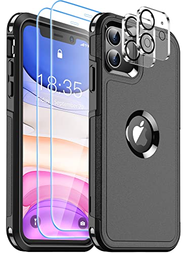 SUPFINE 5 in 1 for iPhone 11 Case, [10 FT Military Dropproof] [2+Tempered Glass Screen, 2+Tempered Camera Lens Protector] Non-Slip Heavy Duty Shockproof Phone Case,Black