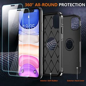 SUPFINE 5 in 1 for iPhone 11 Case, [10 FT Military Dropproof] [2+Tempered Glass Screen, 2+Tempered Camera Lens Protector] Non-Slip Heavy Duty Shockproof Phone Case,Black