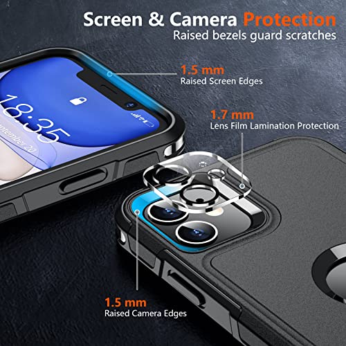 SUPFINE 5 in 1 for iPhone 11 Case, [10 FT Military Dropproof] [2+Tempered Glass Screen, 2+Tempered Camera Lens Protector] Non-Slip Heavy Duty Shockproof Phone Case,Black