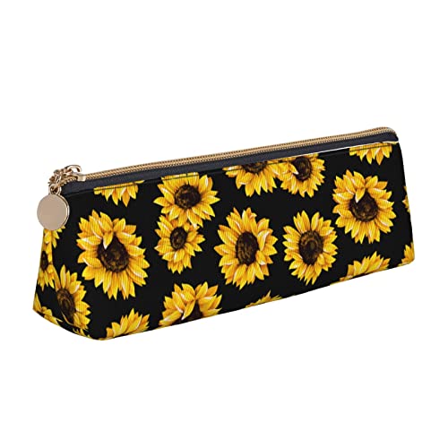 Ykklima Sunflowers Oil Black Pattern Leather Pencil Case Zipper Pen Makeup Cosmetic Holder Pouch Stationery Bag for School, Work, Office