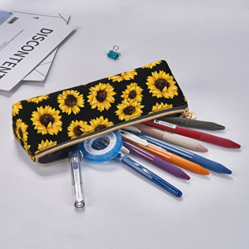 Ykklima Sunflowers Oil Black Pattern Leather Pencil Case Zipper Pen Makeup Cosmetic Holder Pouch Stationery Bag for School, Work, Office