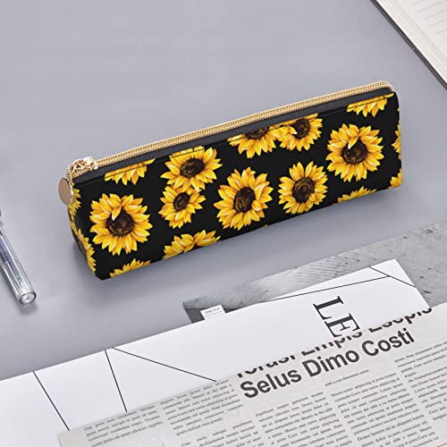 Ykklima Sunflowers Oil Black Pattern Leather Pencil Case Zipper Pen Makeup Cosmetic Holder Pouch Stationery Bag for School, Work, Office