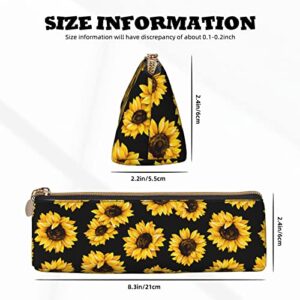 Ykklima Sunflowers Oil Black Pattern Leather Pencil Case Zipper Pen Makeup Cosmetic Holder Pouch Stationery Bag for School, Work, Office