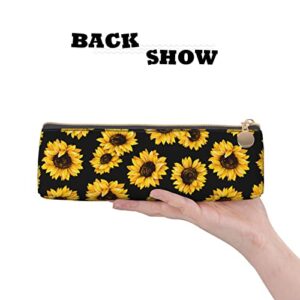 Ykklima Sunflowers Oil Black Pattern Leather Pencil Case Zipper Pen Makeup Cosmetic Holder Pouch Stationery Bag for School, Work, Office