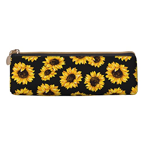 Ykklima Sunflowers Oil Black Pattern Leather Pencil Case Zipper Pen Makeup Cosmetic Holder Pouch Stationery Bag for School, Work, Office