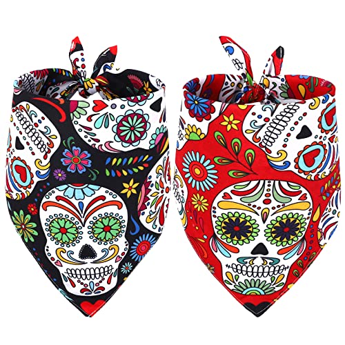 Whaline Mexican Dog Bandana Floral Skull Pet Bandana Red Black Skeleton Dog Bibs Cinco De Mayo Fiesta Pet Scarf Double-Sided Pet Neckerchief for Day of The Dead Party Small Medium Large Cat Dog, 2Pcs