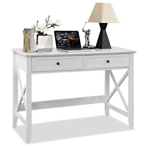 white computer desk with 2 drawers, modern makeup vanity desk with storage, writing desk for home office, 42'' long study simple white desk for bedroom console table living room