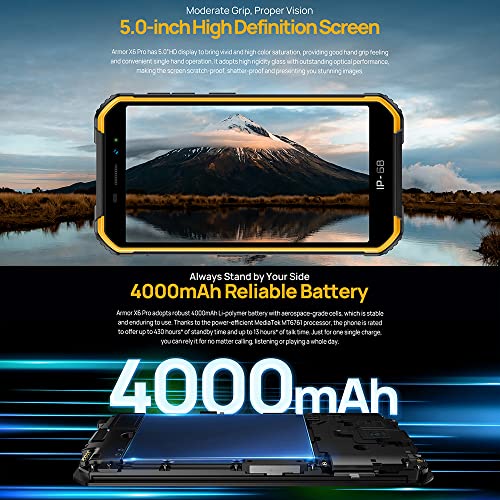 Ulefone Armor X6 Pro 2023 Rugged Smartphone Unlocked, Android 12 4GB+32GB Waterproof Cell Phone, 13MP+5MP Camera, 5.0" HD+ Screen 4000mAh Battery Dual SIM 4G Rugged Phone Support NFC GPS OTG Black