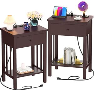 homykic nightstand with charging station, bamboo nightstands sets of 2, wood bedside table with usb ports and outlets, end table side table with drawer and storage shelf for bedroom, espresso