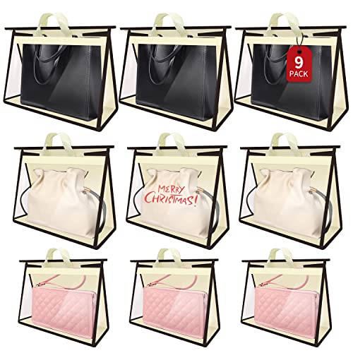 YSYJ Dust Bags for Handbags, 9 Pack Purse Storage Organizer for Closet, Clear Handbag Organizer Purse Dust Cover Closet Hanging Organizer Bag with Zipper & Handles (Cream)