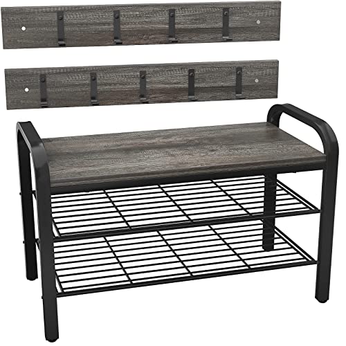 armocity Coat Rack Shoe Bench Sets, 3 Tier Entryway Shoe Bench with Coat Hook Industrial Entry Shoe Organizer for Entryway Closet Hallway Living Room Bedroom, Gray