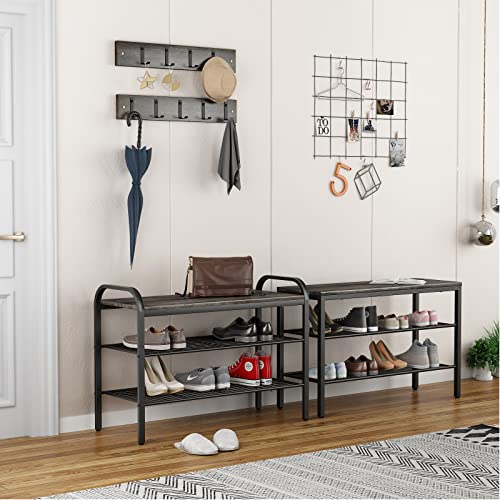 armocity Coat Rack Shoe Bench Sets, 3 Tier Entryway Shoe Bench with Coat Hook Industrial Entry Shoe Organizer for Entryway Closet Hallway Living Room Bedroom, Gray