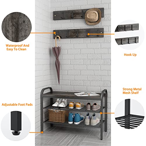 armocity Coat Rack Shoe Bench Sets, 3 Tier Entryway Shoe Bench with Coat Hook Industrial Entry Shoe Organizer for Entryway Closet Hallway Living Room Bedroom, Gray