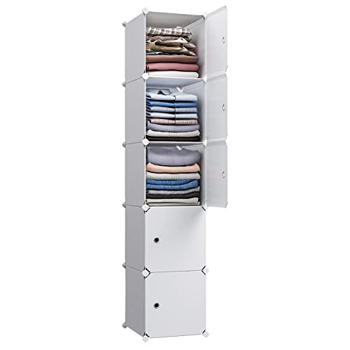 MAGINELS Cube Storage Organizer 5-Cube (11.8"x11.8") Narrow Cabinet Closet Storage Shelves Plastic Storage Shelving for Bedroom, Living Room, Office, White with Doors