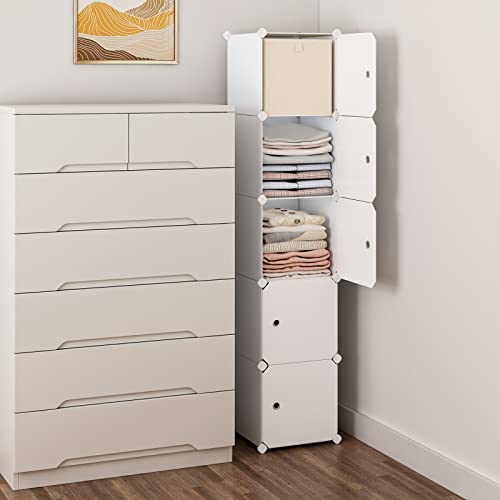 MAGINELS Cube Storage Organizer 5-Cube (11.8"x11.8") Narrow Cabinet Closet Storage Shelves Plastic Storage Shelving for Bedroom, Living Room, Office, White with Doors