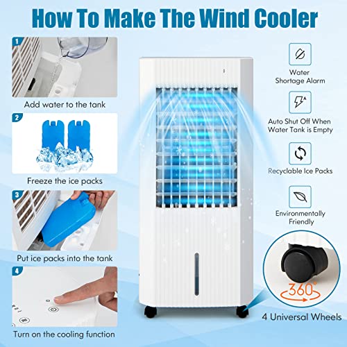 PETSITE Evaporative Air Cooler, 3-IN-1 Cooling Fan & Humidifier with Remote, 2 Ice Packs, 15H Timer, 1.3 Gal Water Tank, Personal Swamp Cooler for Bedroom with Cold Air