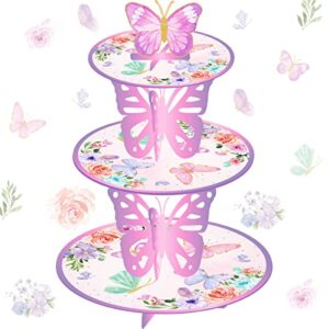 butterfly party cupcake stand for girls pink 3-tier cake stand baby shower spring butterfly birthday party table cake holder decorations for kids cupcake stands butterfly theme decorations supplies