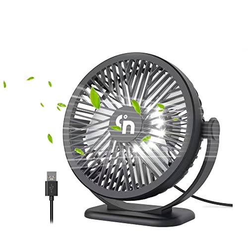 USB Desk Fan with LED Light,3 Speeds Small Table Fan,360°Rotatable Silent Desktop Fan,5.3 inch Personal Mini Portable Fan for Home Office Bedroom Dorm Indoor Outdoor Summer Gift, Black