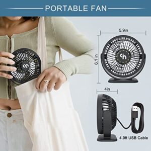 USB Desk Fan with LED Light,3 Speeds Small Table Fan,360°Rotatable Silent Desktop Fan,5.3 inch Personal Mini Portable Fan for Home Office Bedroom Dorm Indoor Outdoor Summer Gift, Black