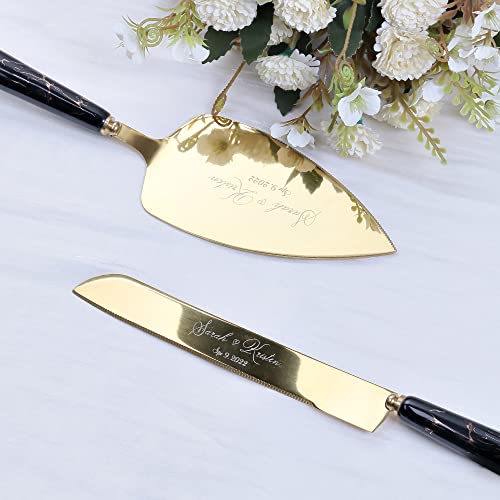 Personalized Wedding Cake Server Set, Gold Cake Knife & Server Set, Ceramic Marble Wedding Cake Cutting Server Set, Engraved Cutting Set, Bridal Shower Gift (Black)