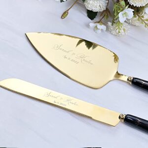 Personalized Wedding Cake Server Set, Gold Cake Knife & Server Set, Ceramic Marble Wedding Cake Cutting Server Set, Engraved Cutting Set, Bridal Shower Gift (Black)