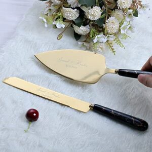 Personalized Wedding Cake Server Set, Gold Cake Knife & Server Set, Ceramic Marble Wedding Cake Cutting Server Set, Engraved Cutting Set, Bridal Shower Gift (Black)