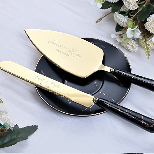 Personalized Wedding Cake Server Set, Gold Cake Knife & Server Set, Ceramic Marble Wedding Cake Cutting Server Set, Engraved Cutting Set, Bridal Shower Gift (Black)