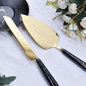 Personalized Wedding Cake Server Set, Gold Cake Knife & Server Set, Ceramic Marble Wedding Cake Cutting Server Set, Engraved Cutting Set, Bridal Shower Gift (Black)