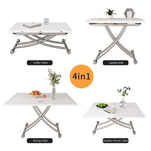 XIHUAN Lift Top Coffee Table Converts to Dining Table, Height Adjustable Folding Table with Wooden Tabletop and Sturdy Cross Metal Legs, Multi-Functional Dinner Table, White