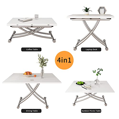 XIHUAN Lift Top Coffee Table Converts to Dining Table, Height Adjustable Folding Table with Wooden Tabletop and Sturdy Cross Metal Legs, Multi-Functional Dinner Table, White