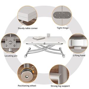 XIHUAN Lift Top Coffee Table Converts to Dining Table, Height Adjustable Folding Table with Wooden Tabletop and Sturdy Cross Metal Legs, Multi-Functional Dinner Table, White