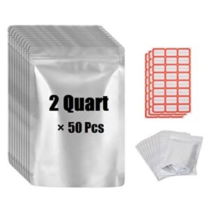 juzonsa 2 quart mylar bags for food storage,heat resealable mylar bag with stickers,storage bags for food 4.75 mil thick,7.8"x11.6" (50pack-2quart)