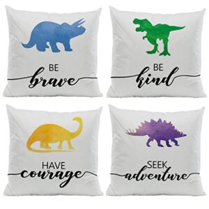 inspirational dinosaurs be brave be kind have courage seek adventure 18''x18''set of 4 throw pillow case decorative home bedroom kid’s room cushion cover,sofa bed couch decor,boys kids teenage gift