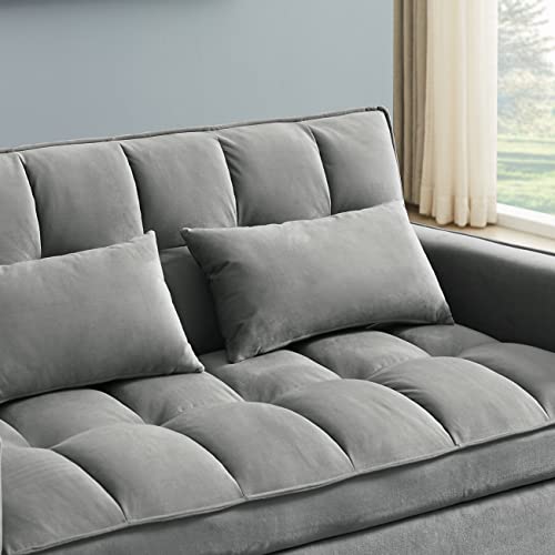 KLMM Modern Convertible Sofa Bed with Adjustable Backrest and 2 Lumbar Pillows, Velvet Loveseat Sleeper Sofa Couch with Pull-Out Bed for Small Spaces (Grey+Velvet9)