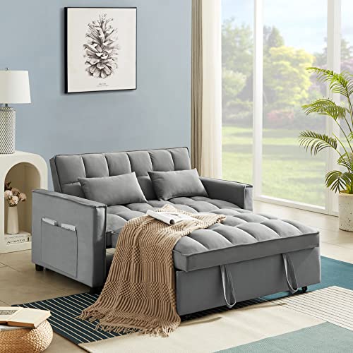 KLMM Modern Convertible Sofa Bed with Adjustable Backrest and 2 Lumbar Pillows, Velvet Loveseat Sleeper Sofa Couch with Pull-Out Bed for Small Spaces (Grey+Velvet9)