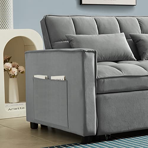 KLMM Modern Convertible Sofa Bed with Adjustable Backrest and 2 Lumbar Pillows, Velvet Loveseat Sleeper Sofa Couch with Pull-Out Bed for Small Spaces (Grey+Velvet9)