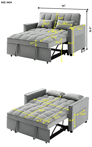 KLMM Modern Convertible Sofa Bed with Adjustable Backrest and 2 Lumbar Pillows, Velvet Loveseat Sleeper Sofa Couch with Pull-Out Bed for Small Spaces (Grey+Velvet9)