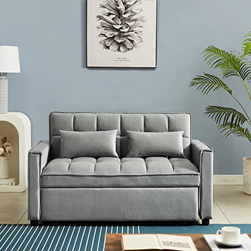 KLMM Modern Convertible Sofa Bed with Adjustable Backrest and 2 Lumbar Pillows, Velvet Loveseat Sleeper Sofa Couch with Pull-Out Bed for Small Spaces (Grey+Velvet9)