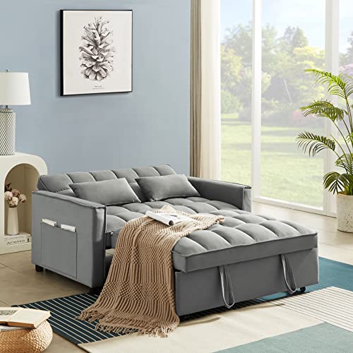 KLMM Modern Convertible Sofa Bed with Adjustable Backrest and 2 Lumbar Pillows, Velvet Loveseat Sleeper Sofa Couch with Pull-Out Bed for Small Spaces (Grey+Velvet9)