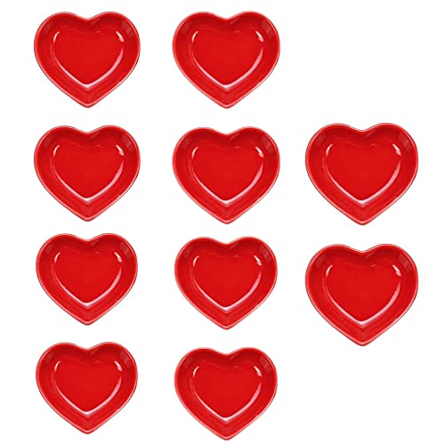 XIGUI 10Pack Heart-Shaped 1.3 Oz Soy Sauce Dishes, Ceramic Dipping Bowls Set, red Dip Sauce Cups/Small Bowls for Ketchup, Sushi Soy, Seasoning, and Christmas Thanksgiving Mother's Day Gifts