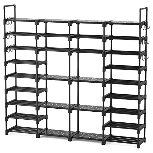 ROJASOP Large Shoe Rack Organizer for Entryway Closet 64-68 pairs 9-Tier Heavy Duty Tall Garage Shoe Rack Shoe Shelf Shoes Storage with 18 Pcs Removable Side Hooks for Bedroom and Garage Black