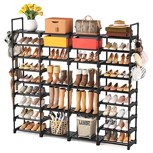 ROJASOP Large Shoe Rack Organizer for Entryway Closet 64-68 pairs 9-Tier Heavy Duty Tall Garage Shoe Rack Shoe Shelf Shoes Storage with 18 Pcs Removable Side Hooks for Bedroom and Garage Black