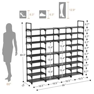 ROJASOP Large Shoe Rack Organizer for Entryway Closet 64-68 pairs 9-Tier Heavy Duty Tall Garage Shoe Rack Shoe Shelf Shoes Storage with 18 Pcs Removable Side Hooks for Bedroom and Garage Black